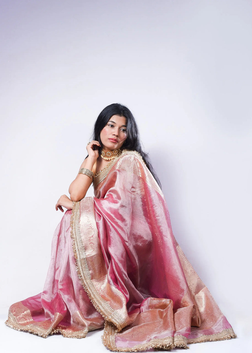 Banarasi Handwoven Tissue Saree in Rose Pink with Zari Border & Lace Detailing