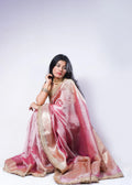 Banarasi Handwoven Tissue Saree in Rose Pink with Zari Border & Lace Detailing