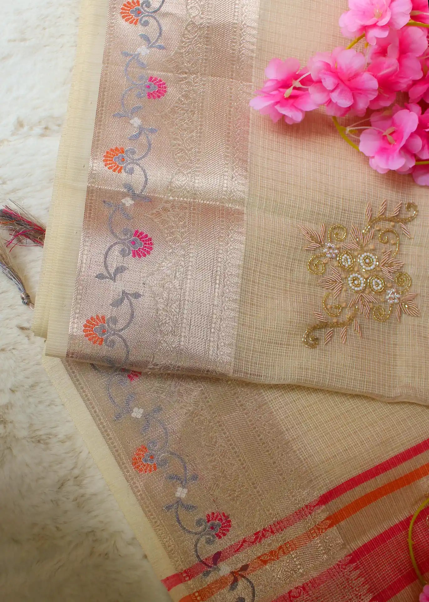 Beige & Pastel Pink Tissue Zari Saree