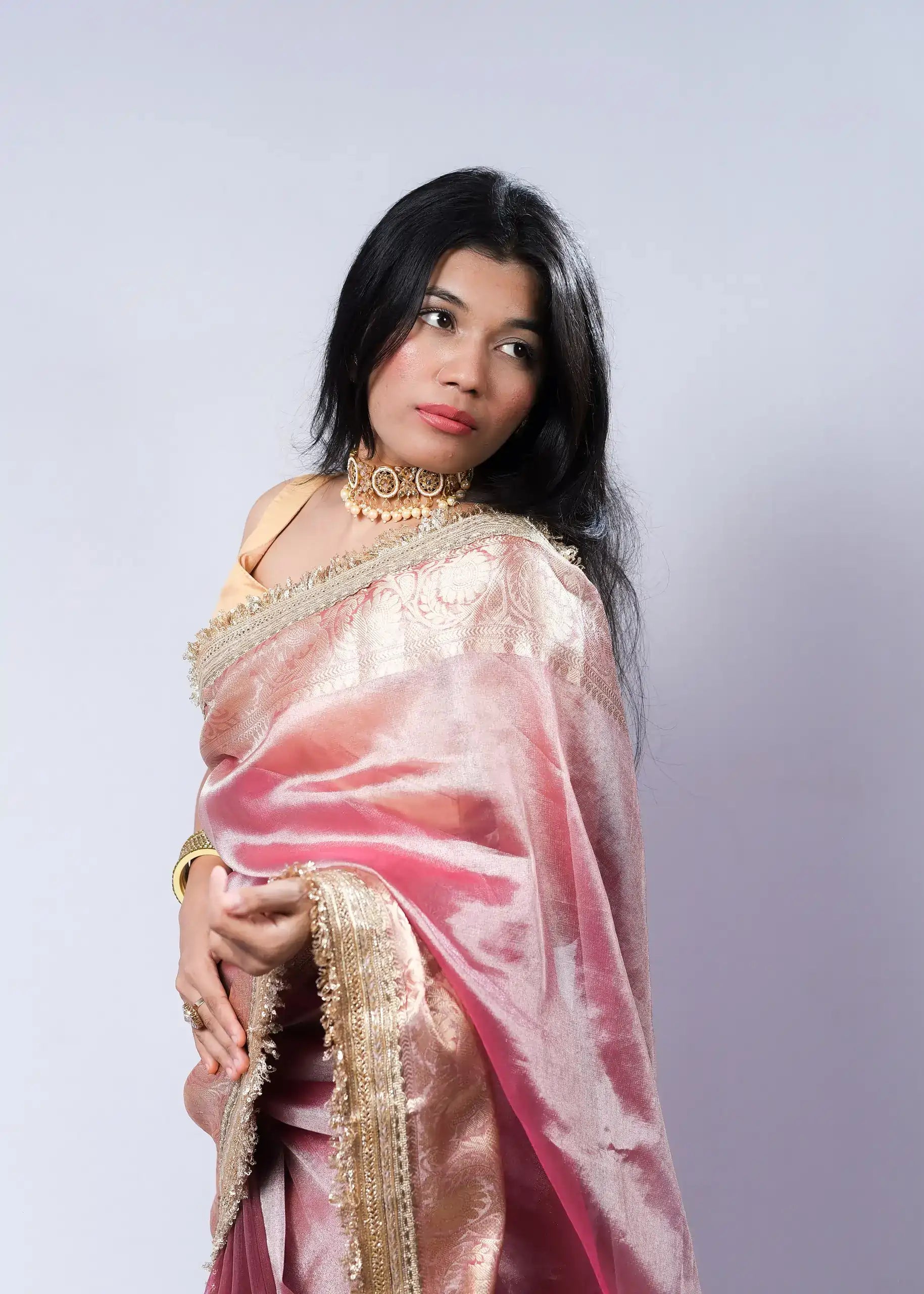 Banarasi Handwoven Tissue Saree in Rose Pink with Zari Border & Lace Detailing