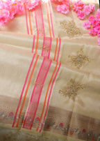 Beige & Pastel Pink Tissue Zari Saree