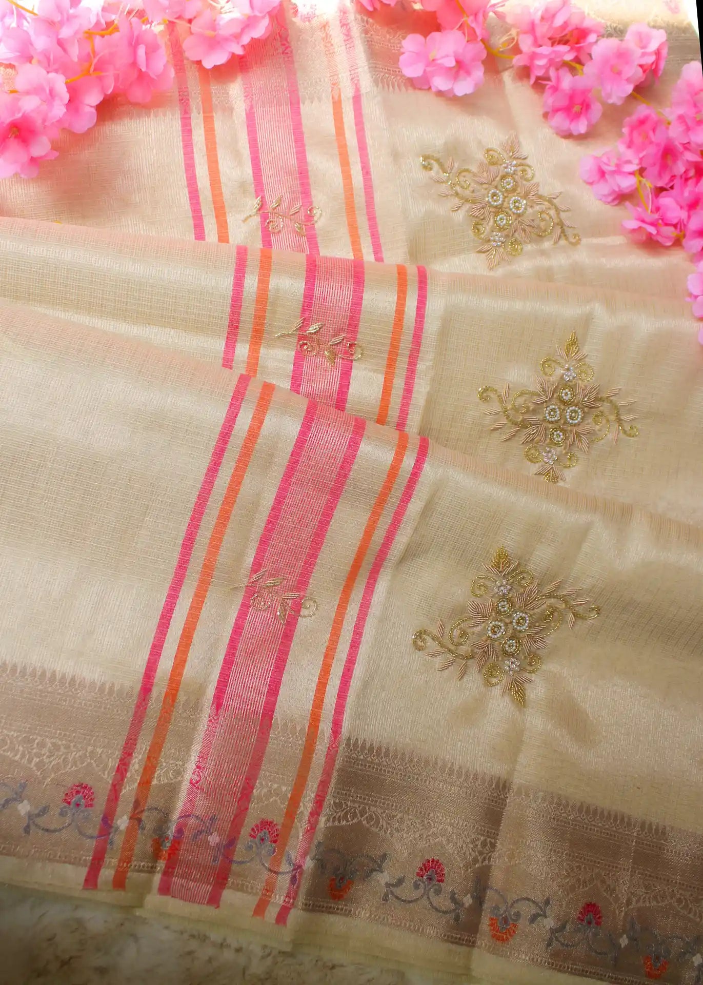 Beige & Pastel Pink Tissue Zari Saree