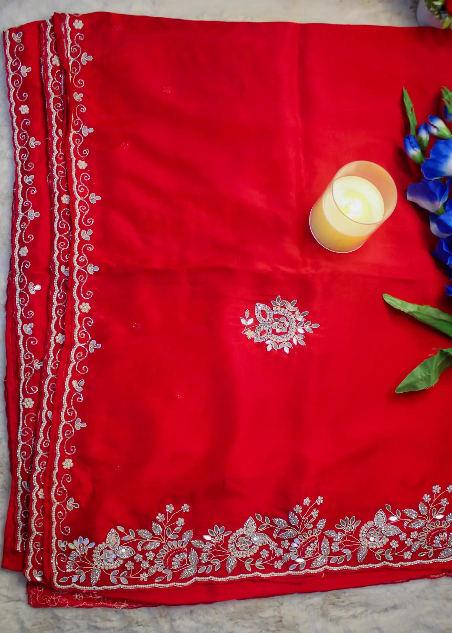 Red Satin-Silk Saree with Silver Zari & Hand Embroidery