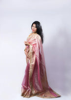 Banarasi Handwoven Tissue Saree in Rose Pink with Zari Border & Lace Detailing