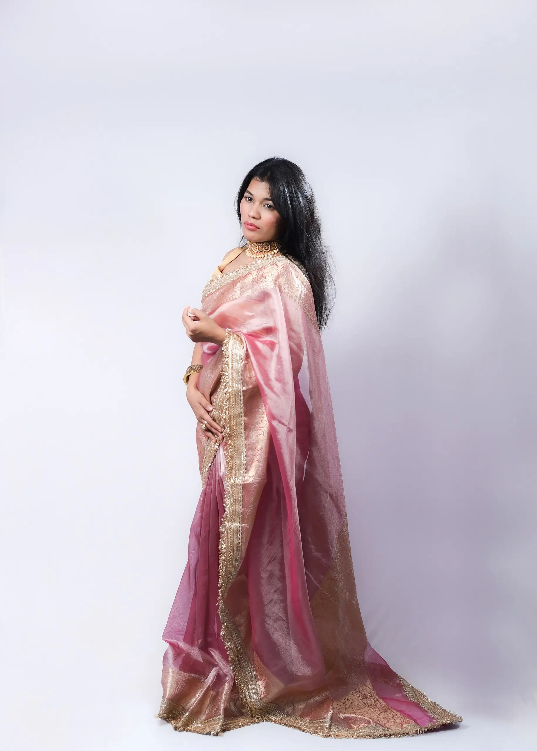 Banarasi Handwoven Tissue Saree in Rose Pink with Zari Border & Lace Detailing