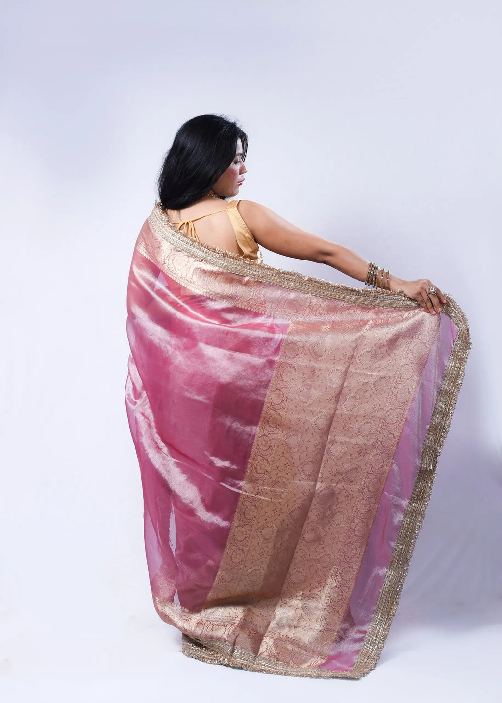 Banarasi Handwoven Tissue Saree in Rose Pink with Zari Border & Lace Detailing