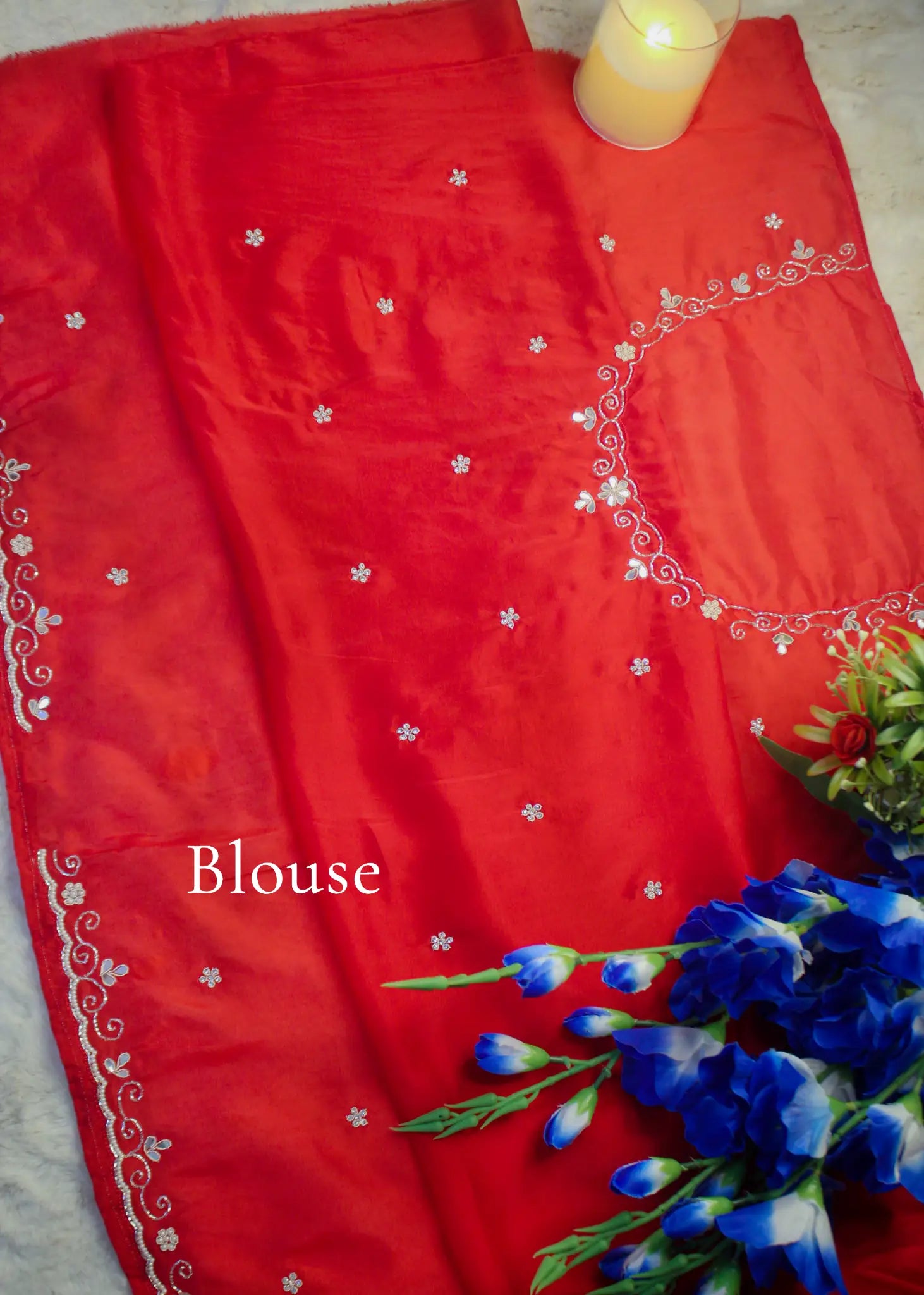 Red Satin-Silk Saree with Silver Zari & Hand Embroidery