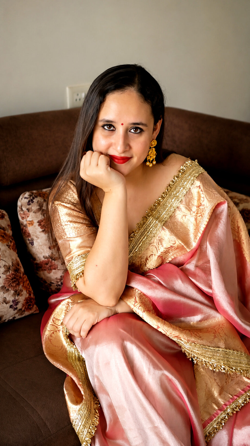 Banarasi Handwoven Tissue Saree in Rose Pink with Zari Border & Lace Detailing