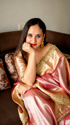 Banarasi Handwoven Tissue Saree in Rose Pink with Zari Border & Lace Detailing