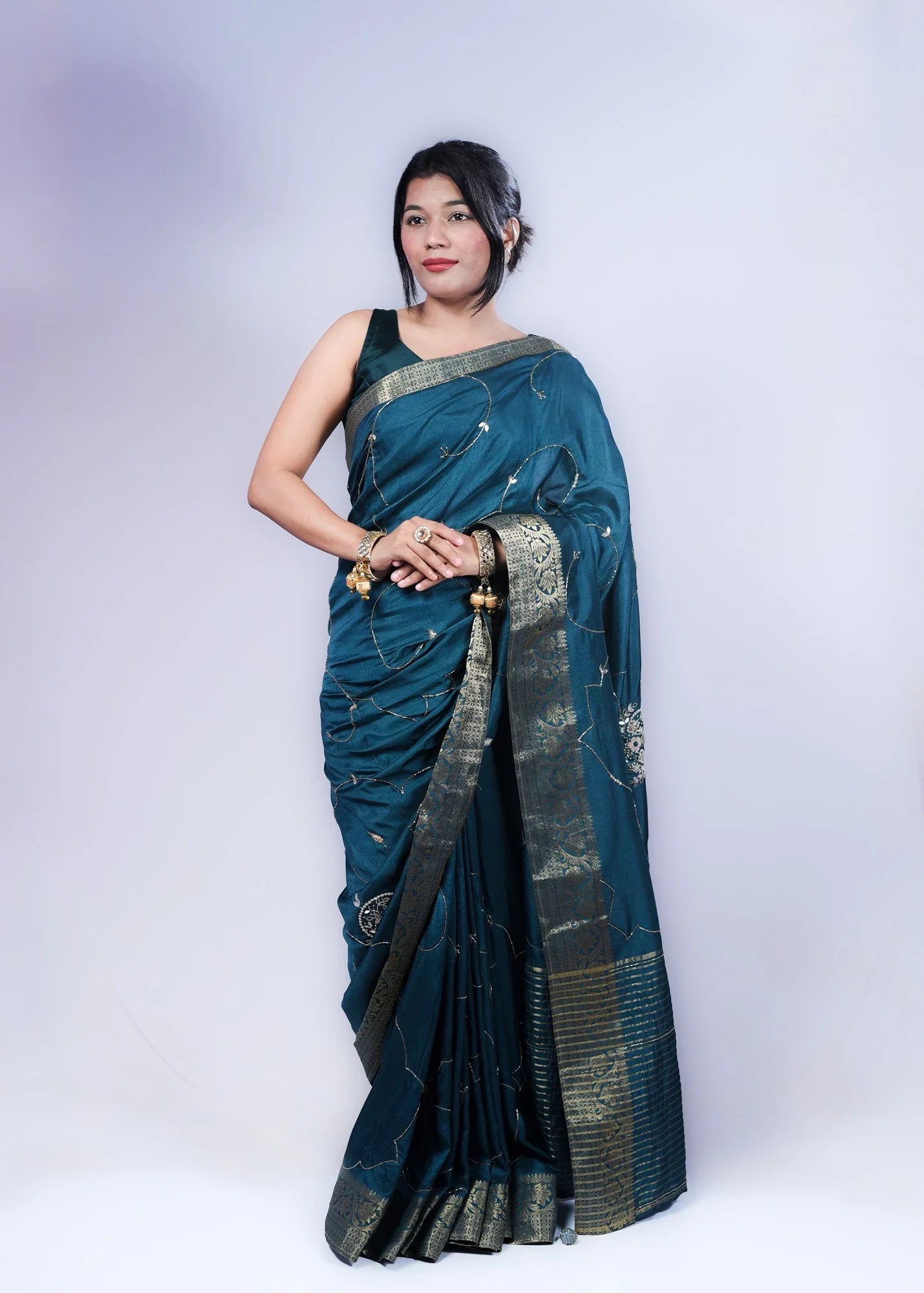 Green Dola Silk Saree with Handcrafted Zari Work and Banarasi Border