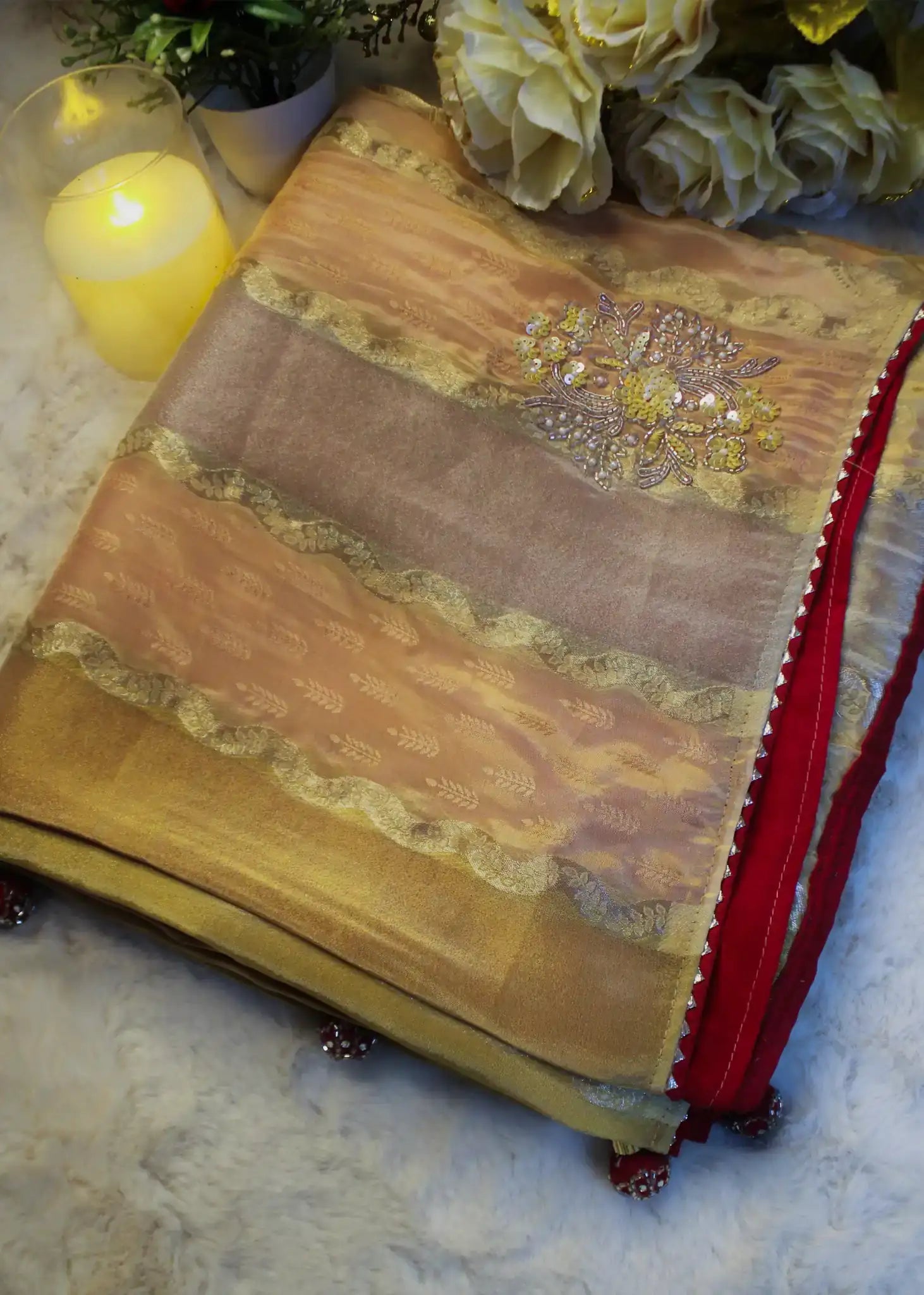 Golden Peach Satin-Organza Saree with Zari & Hand Embroidery