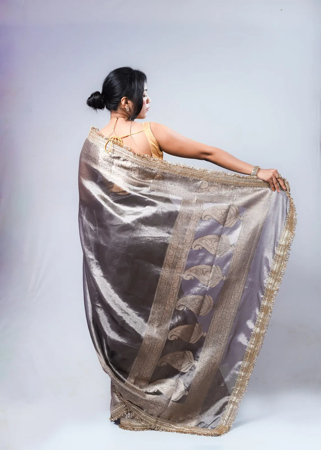 Banarasi Handwoven Tissue Saree in Grey with Zari & Lace details
