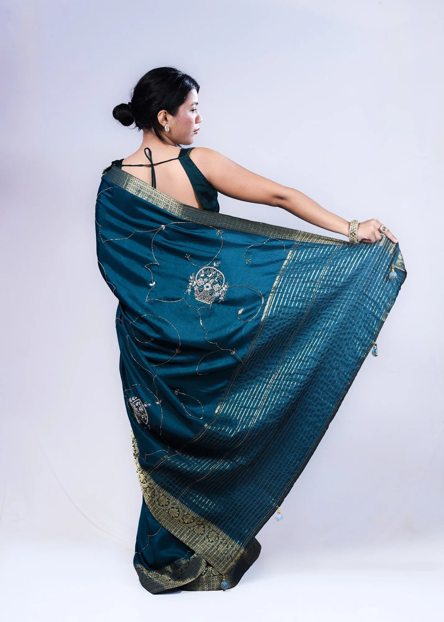 Green Dola Silk Saree with Handcrafted Zari Work and Banarasi Border