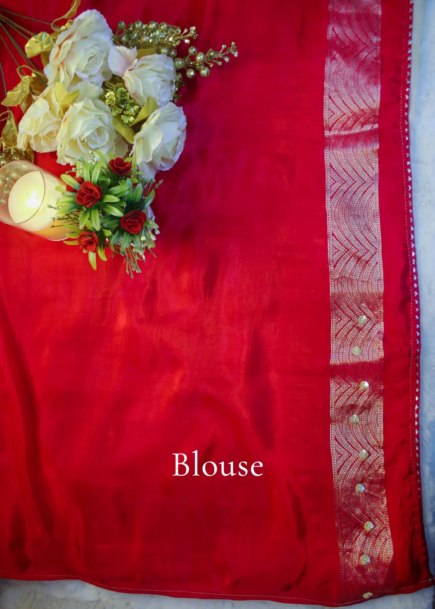 Red Satin-Silk Saree with Silver Zari & Hand Embroidery