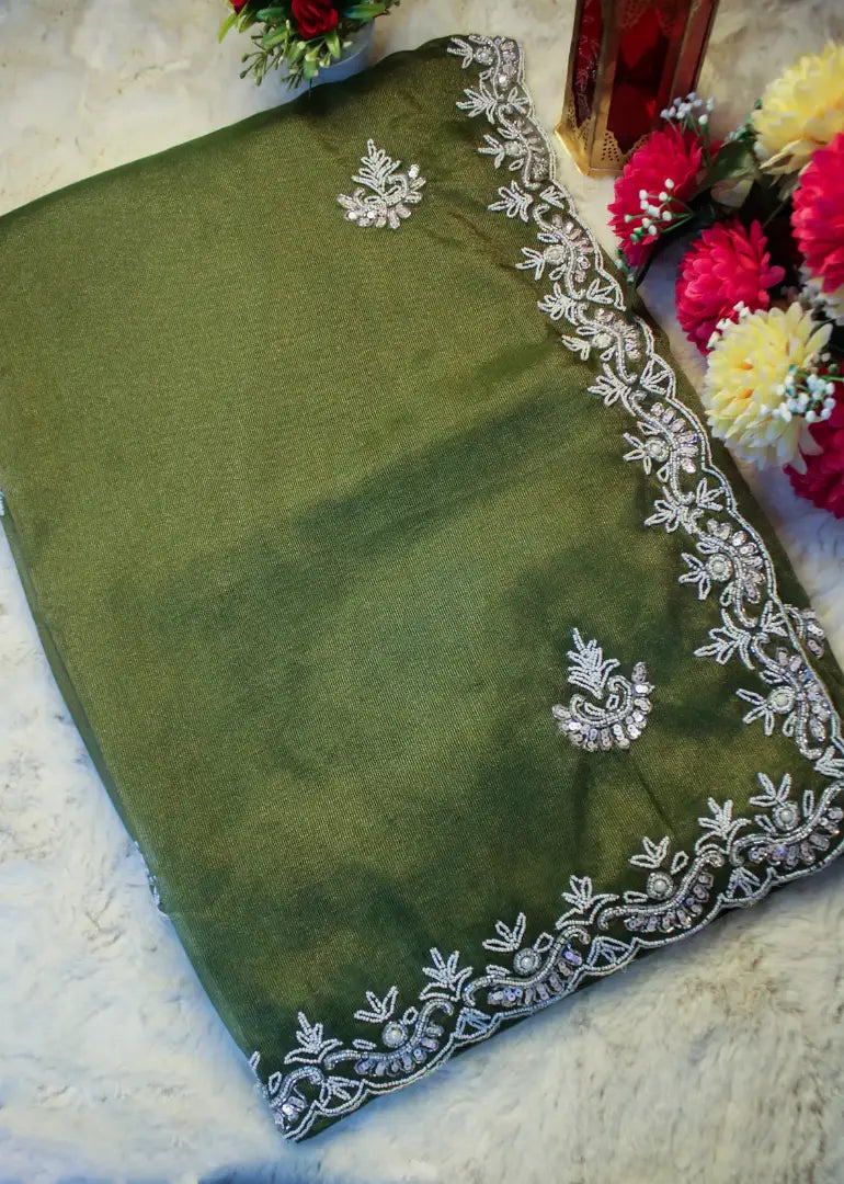 Olive Green Organza Saree with White Embroidery & Beadwork