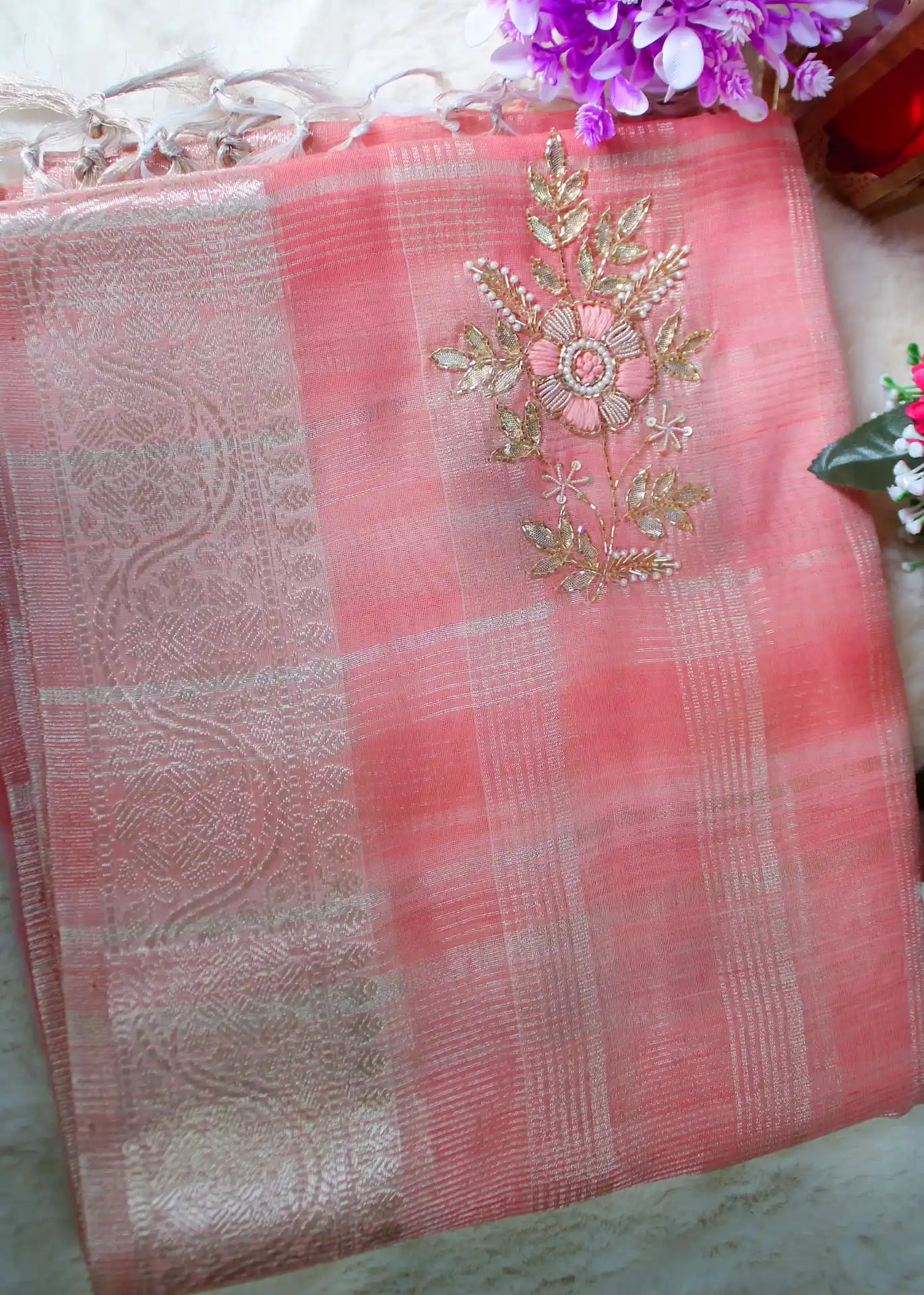 Pastel Pink Tissue Zari Saree