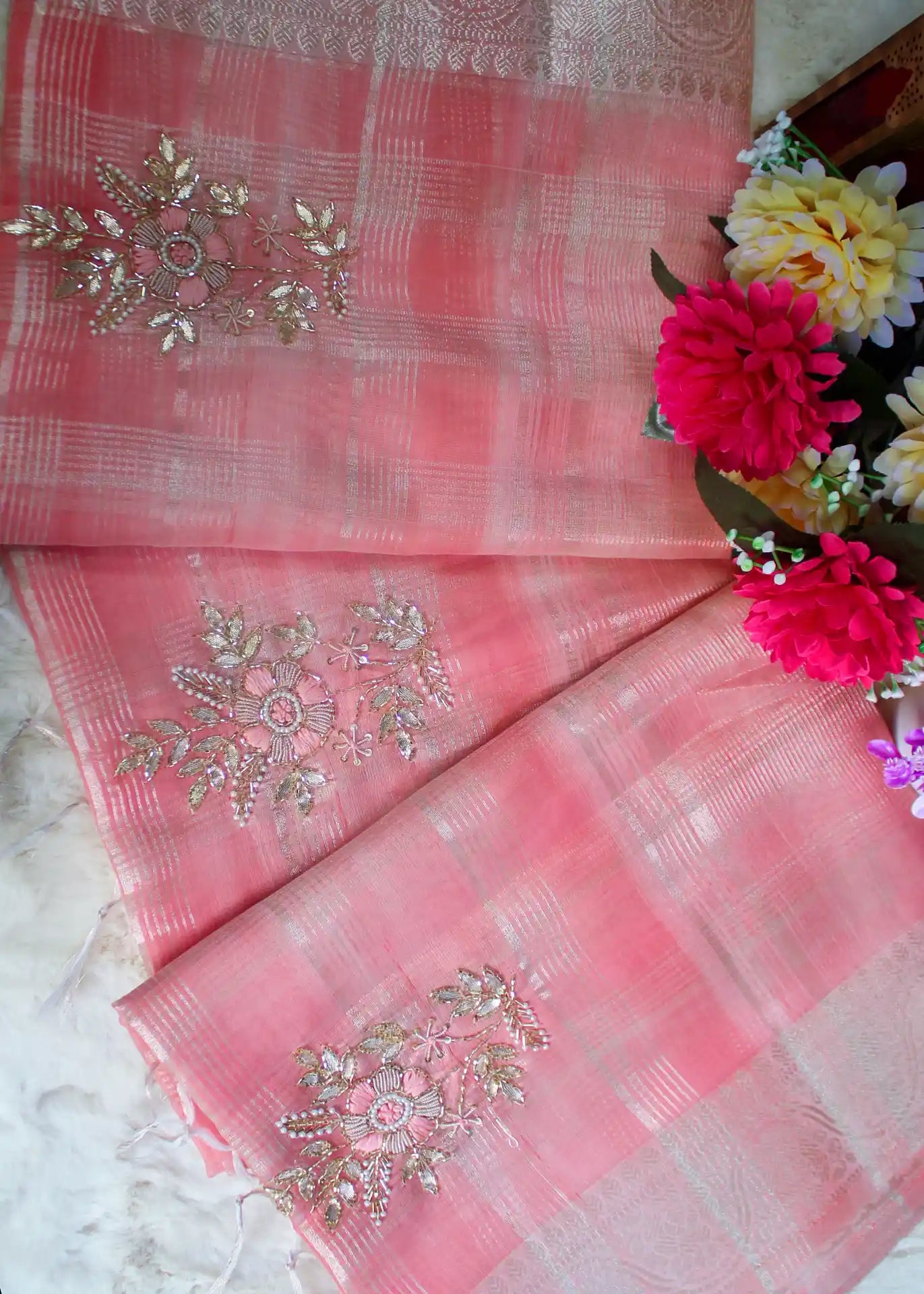 Pastel Pink Tissue Zari Saree