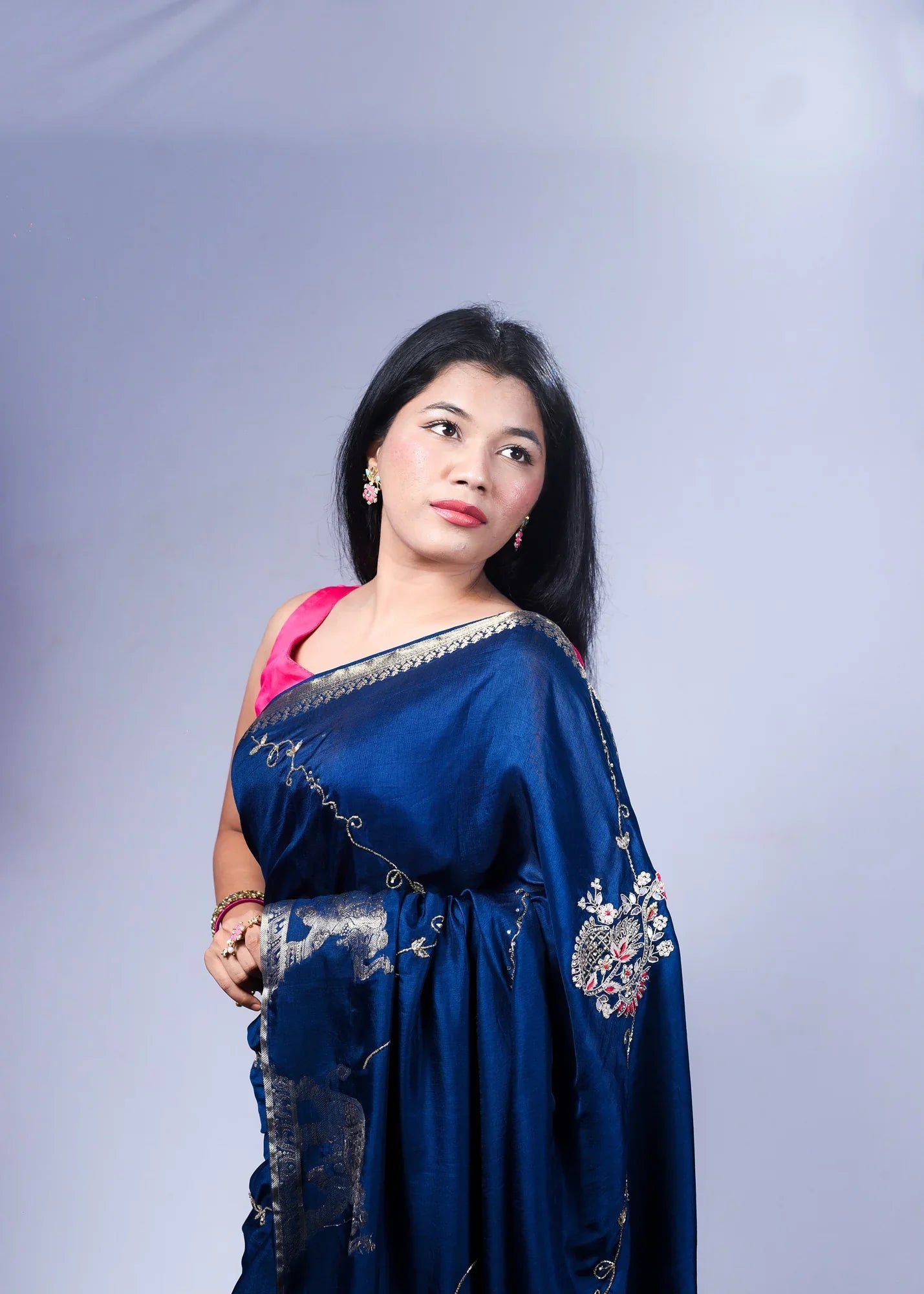 Blue Dola Silk Saree with Handcrafted Zari & Banarasi Border