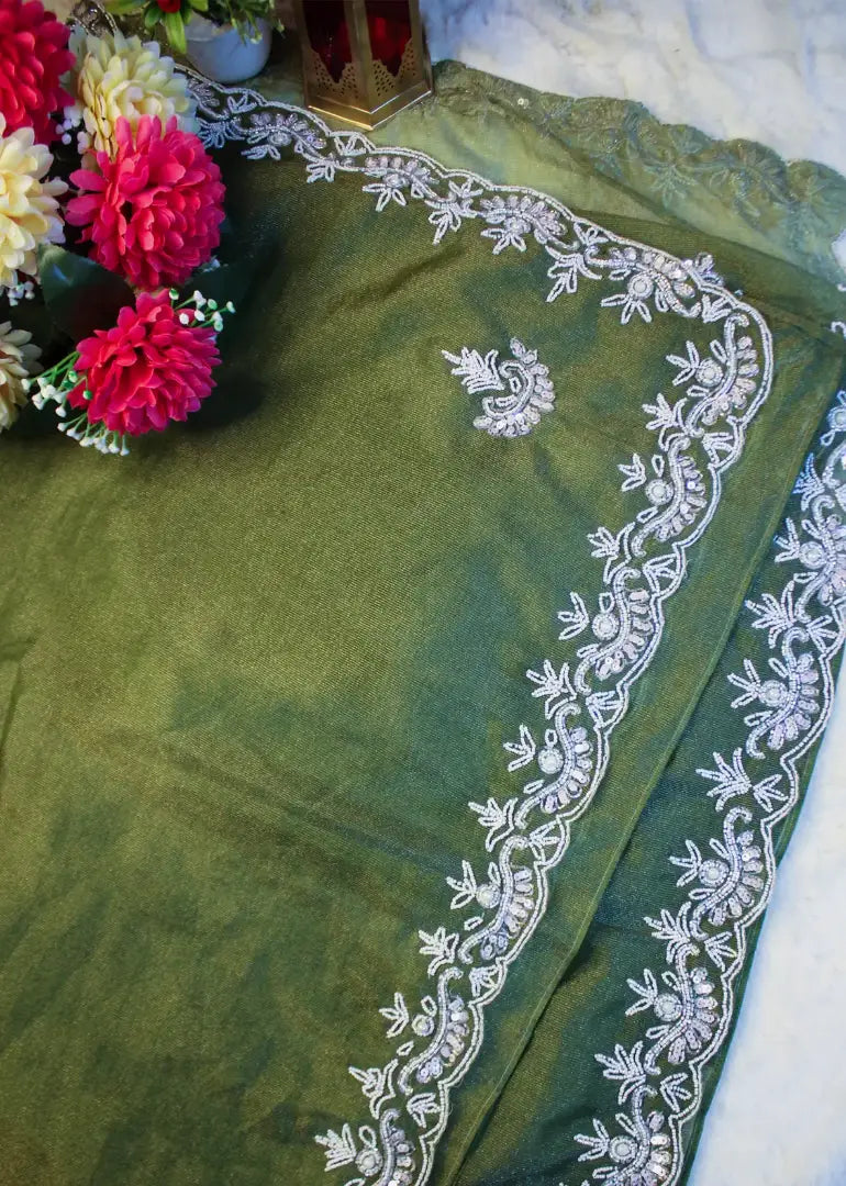 Olive Green Organza Saree with White Embroidery & Beadwork