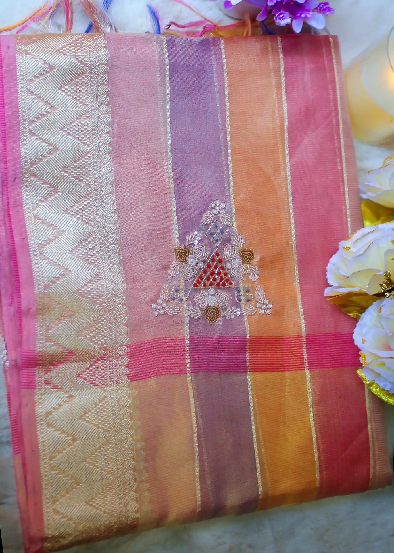 Multi colour Pastel Tissue Zari Saree