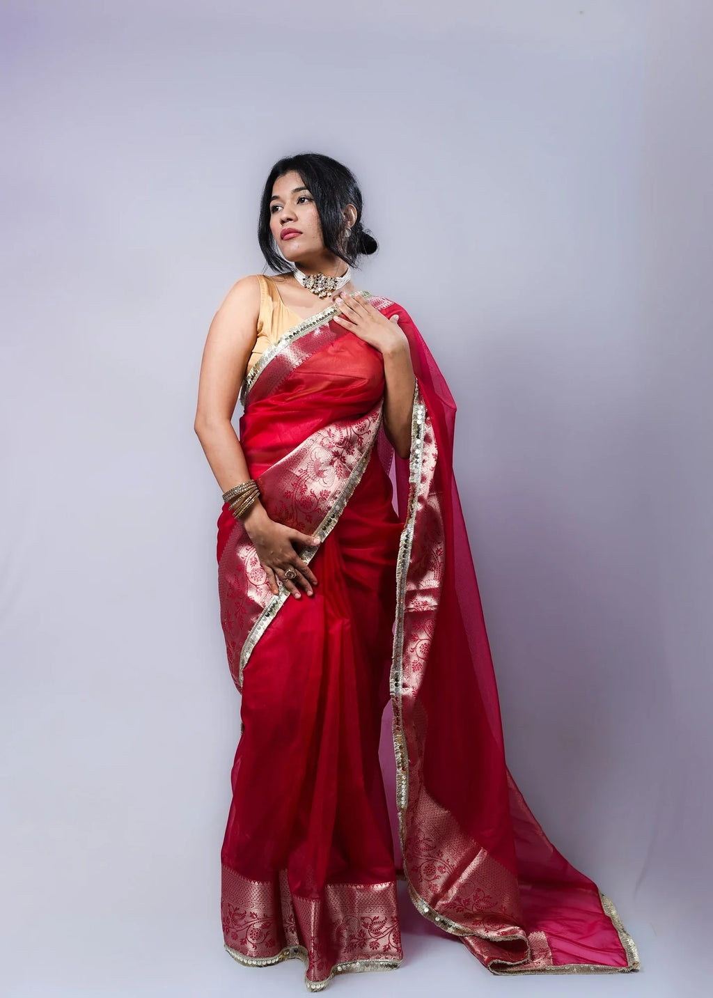 Banarasi Handwoven Tissue Saree in Rani Pink with Zari Border & Lace Detailing