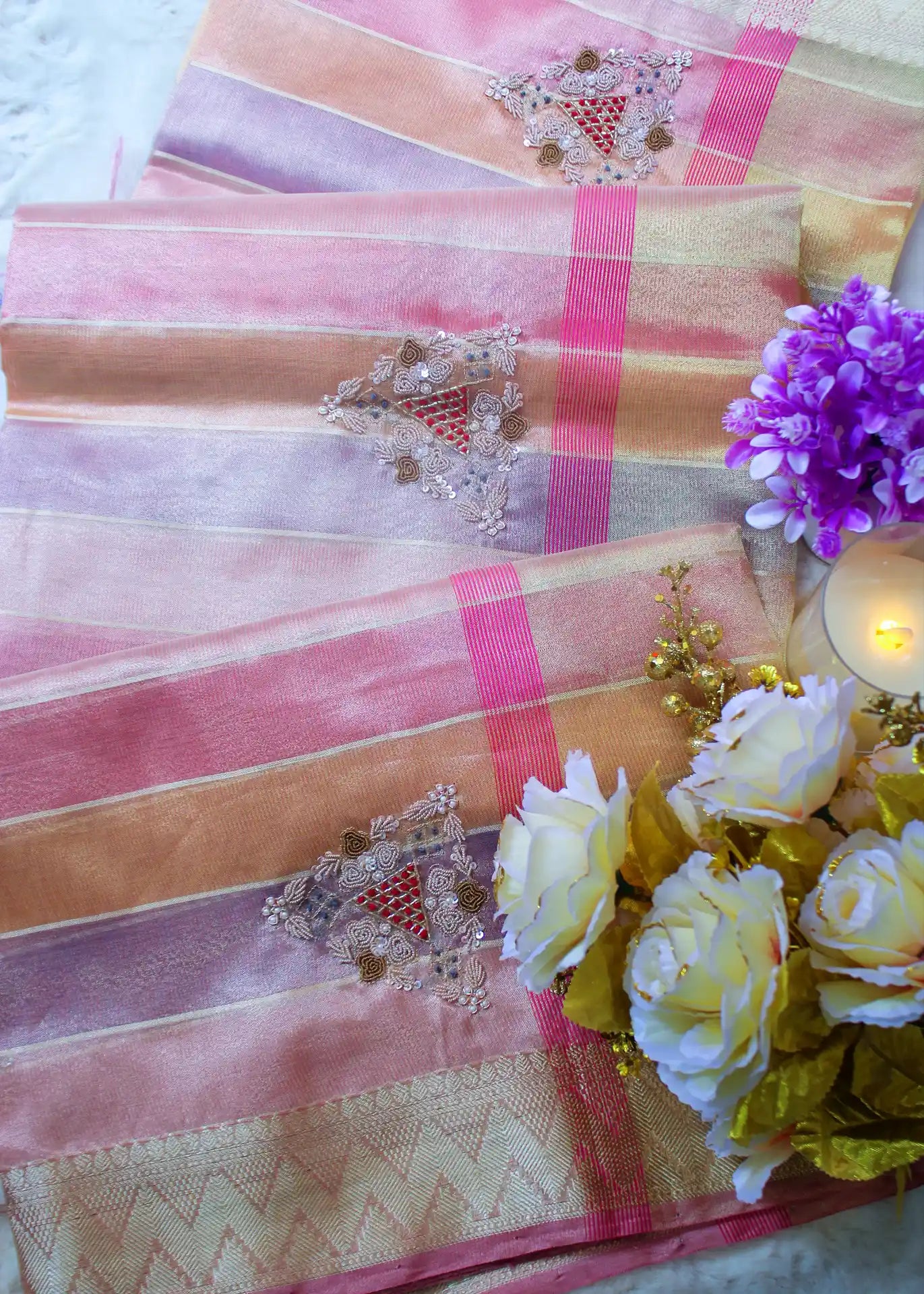 Multi colour Pastel Tissue Zari Saree