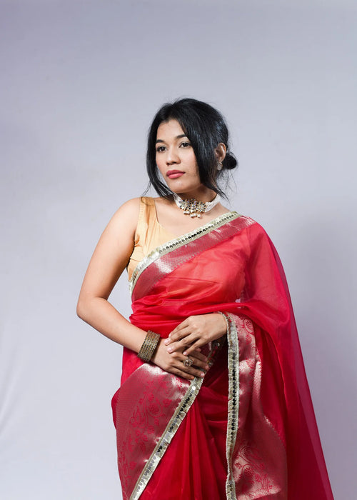 Banarasi Handwoven Tissue Saree in Rani Pink with Zari Border & Lace Detailing