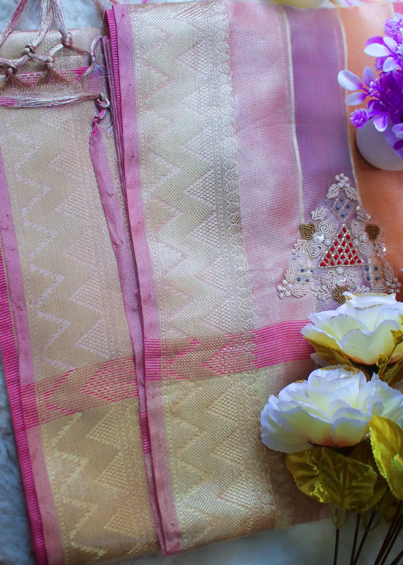 Multi colour Pastel Tissue Zari Saree