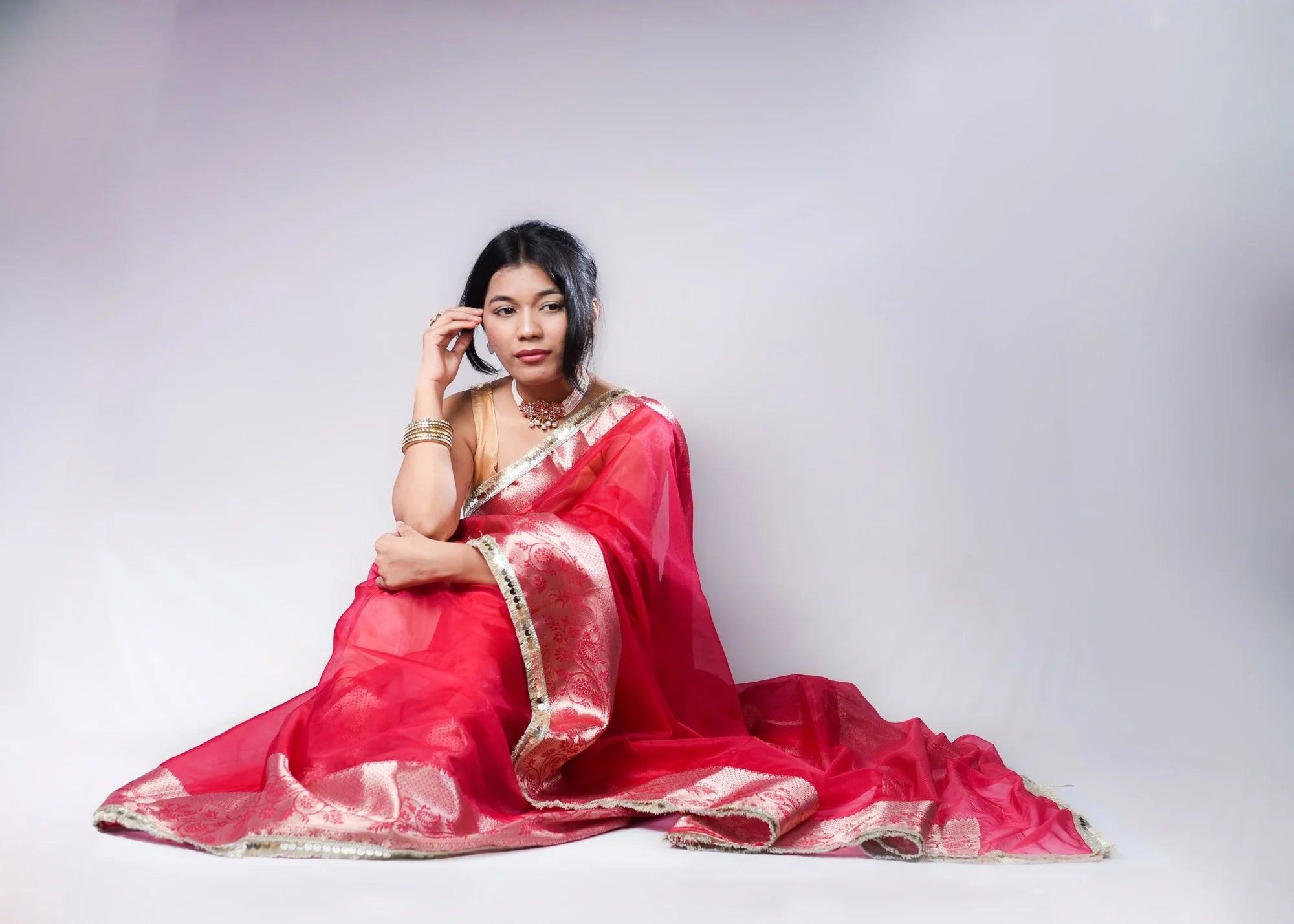 Banarasi Handwoven Tissue Saree in Rani Pink with Zari Border & Lace Detailing