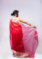 Banarasi Handwoven Tissue Saree in Rani Pink with Zari Border & Lace Detailing