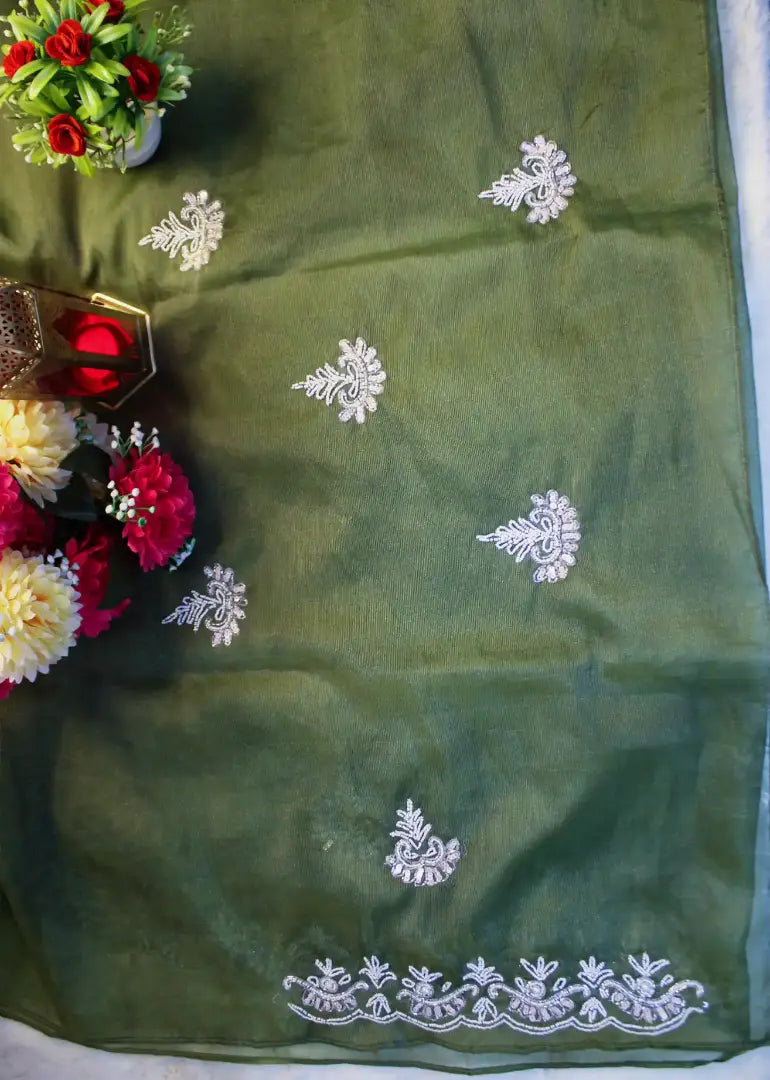 Olive Green Organza Saree with White Embroidery & Beadwork