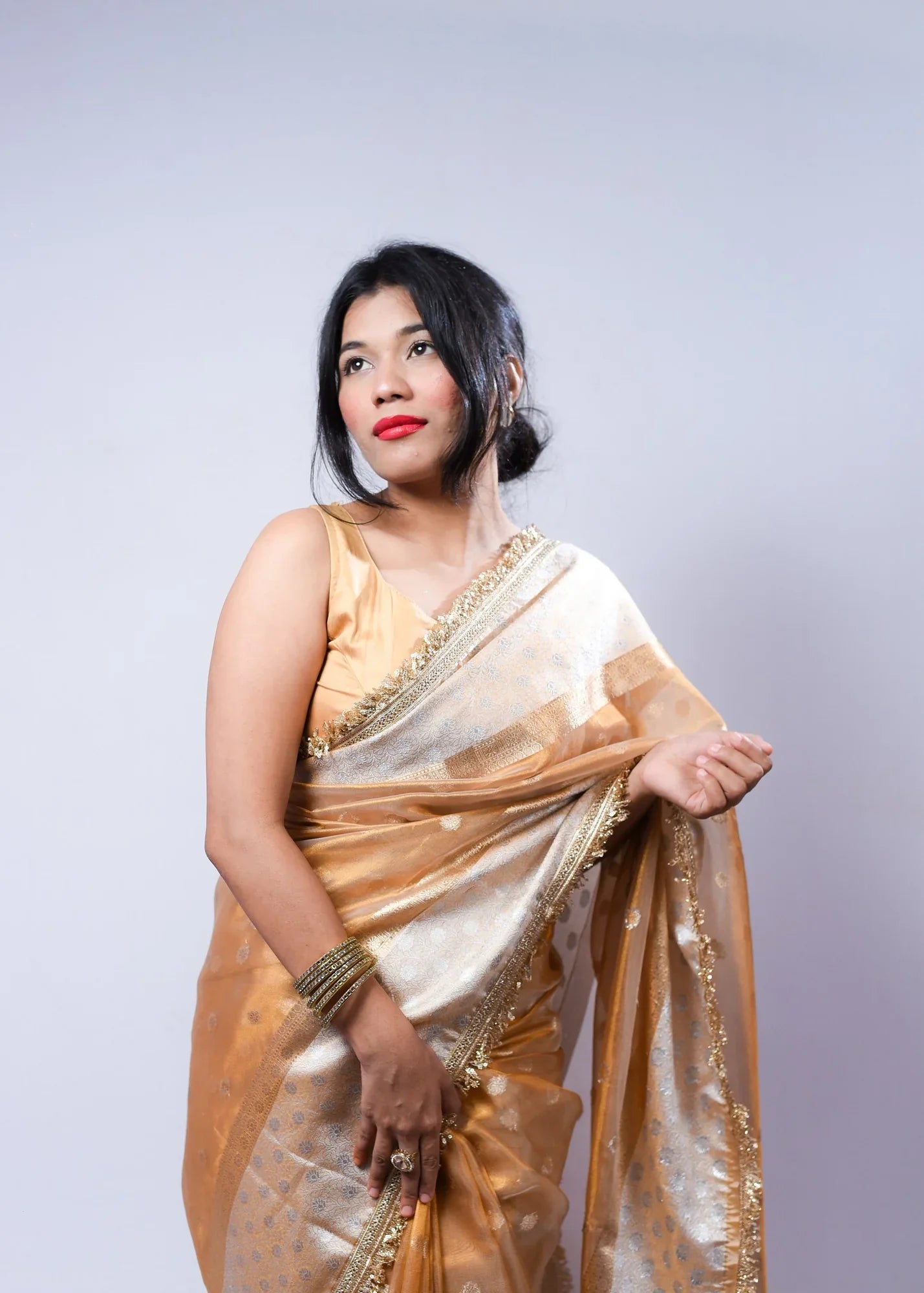 Banarasi Handwoven Tissue Saree with Zari Buti & Lace Border