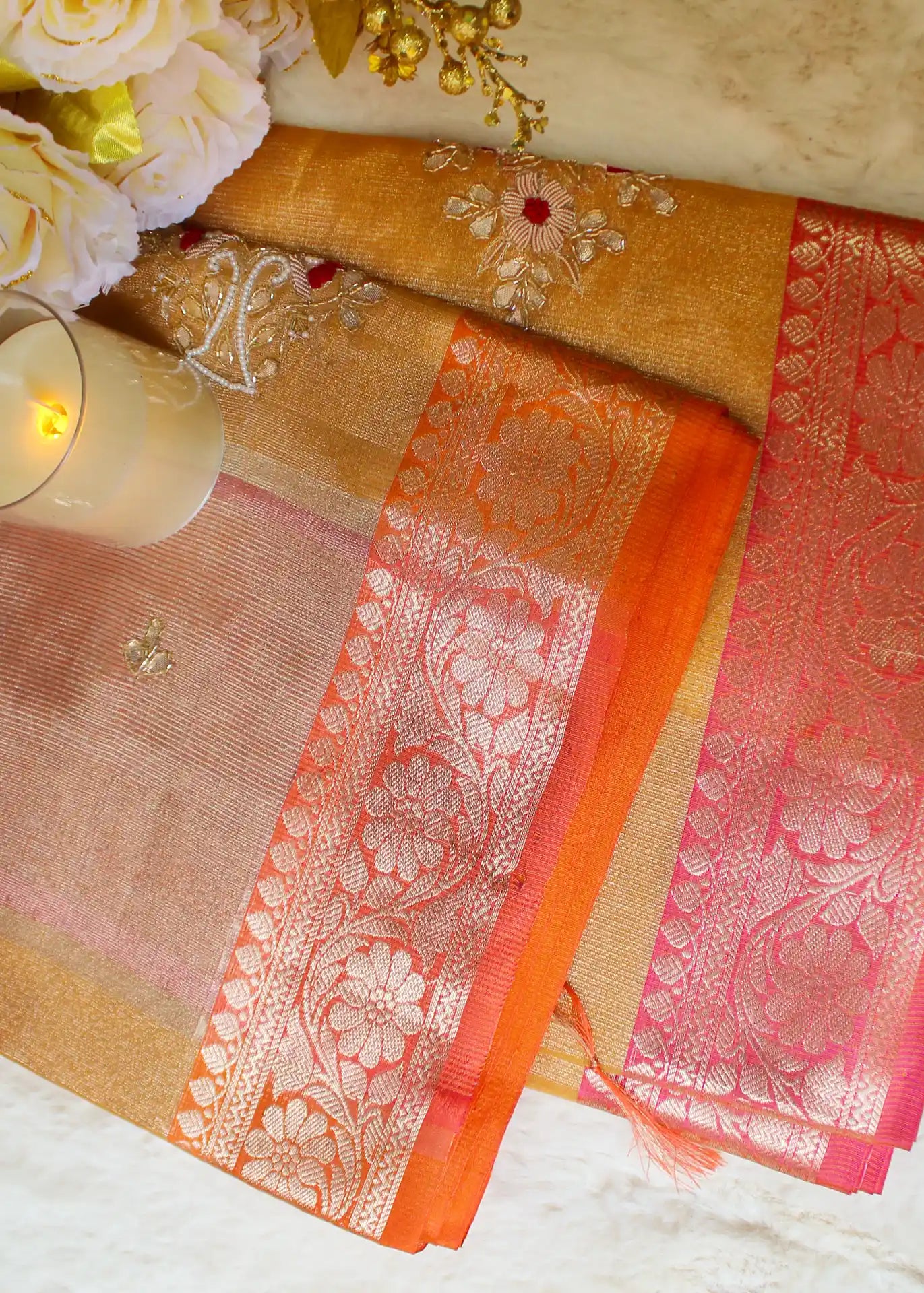 Saffron Tissue Zari Saree