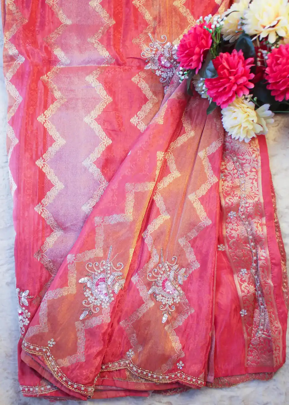 Rust Banarasi Silk Saree with Peacock & Floral Zari Work