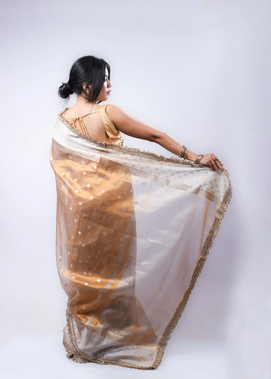 Banarasi Handwoven Tissue Saree with Zari Buti & Lace Border
