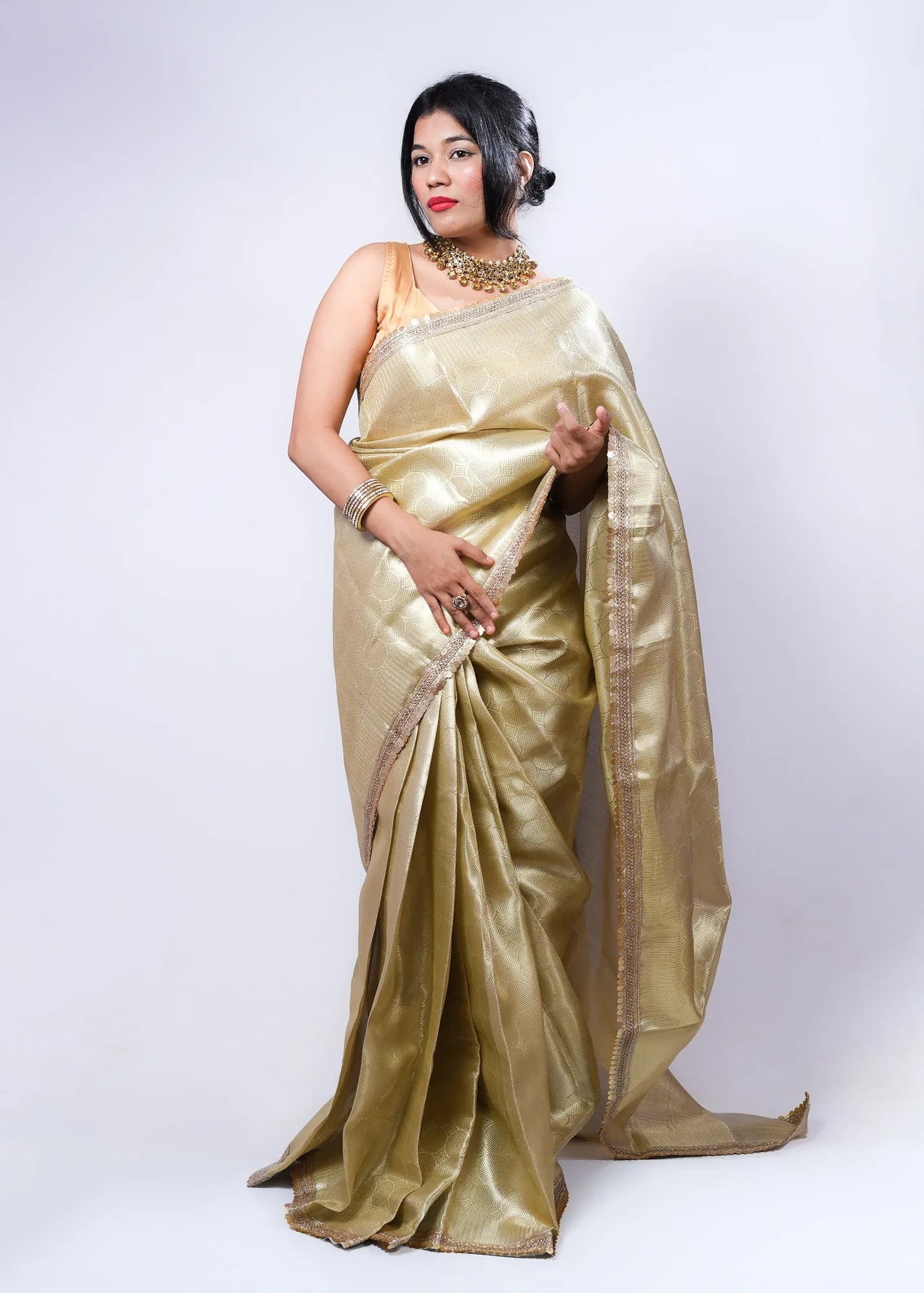 Banarasi Handwoven Gold Kanjivaram Tissue Saree with Zari Border & Subtle Lace