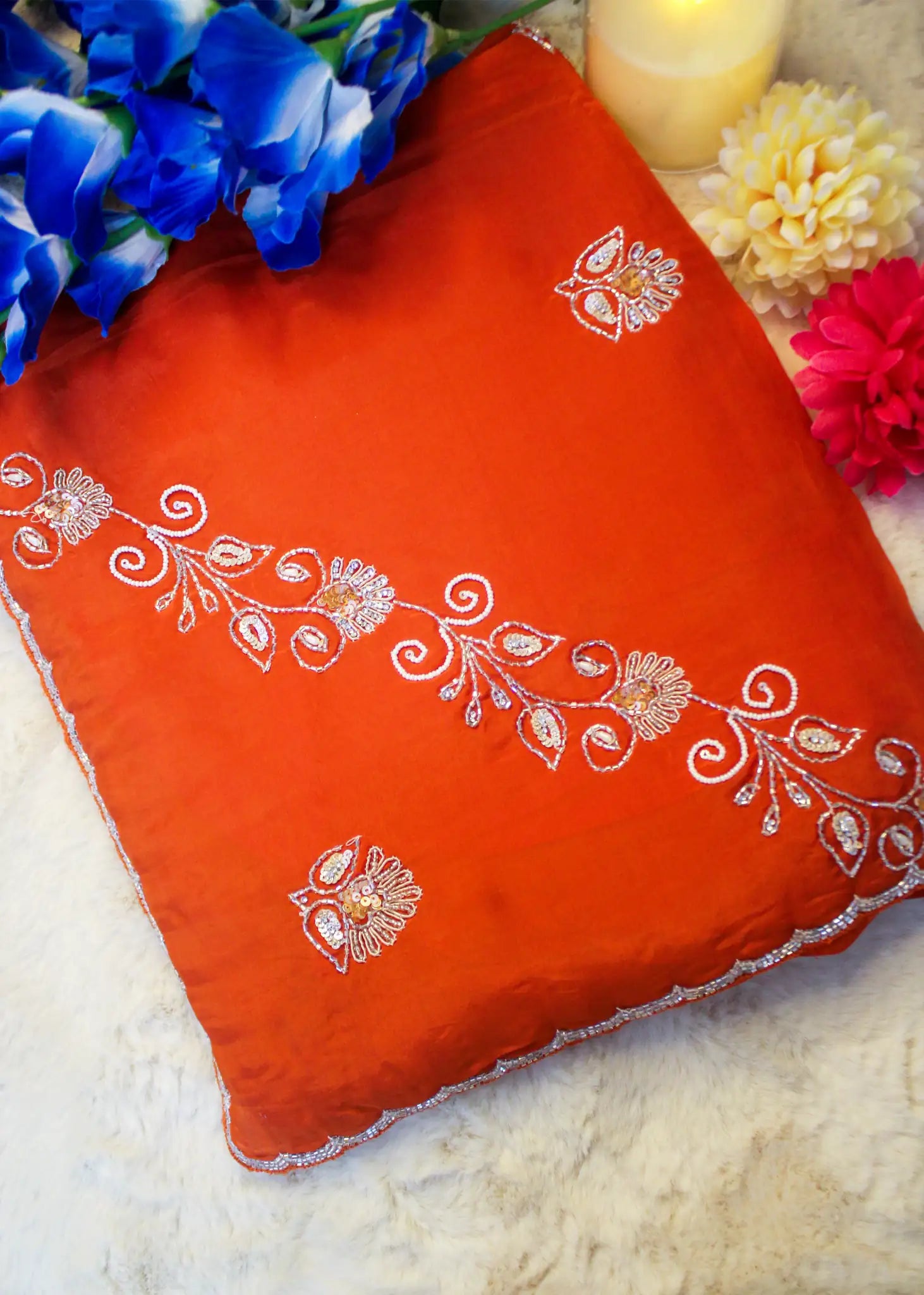 Orange Satin Silk Saree with Hand Embroidery & Beadwork