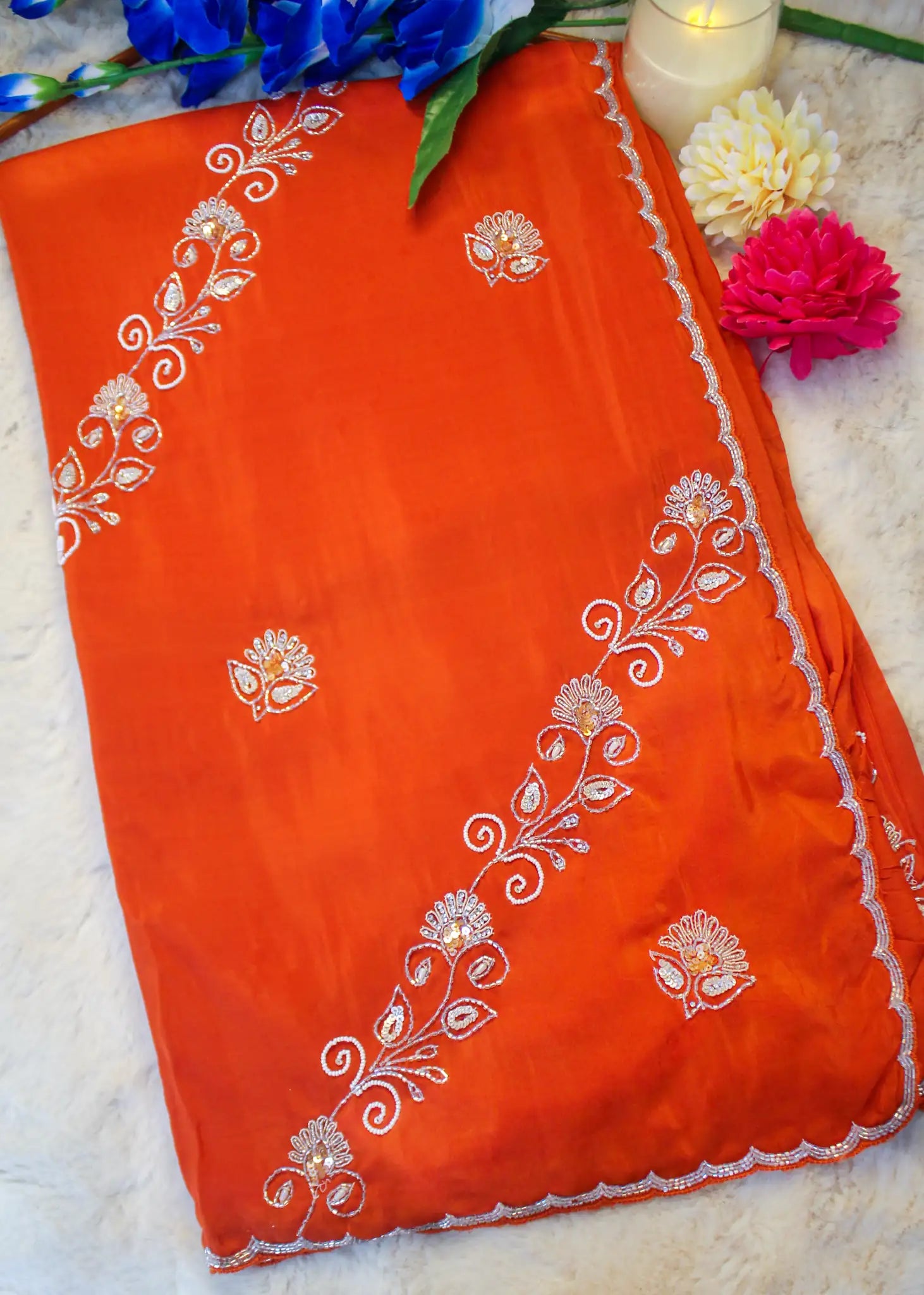 Orange Satin Silk Saree with Hand Embroidery & Beadwork