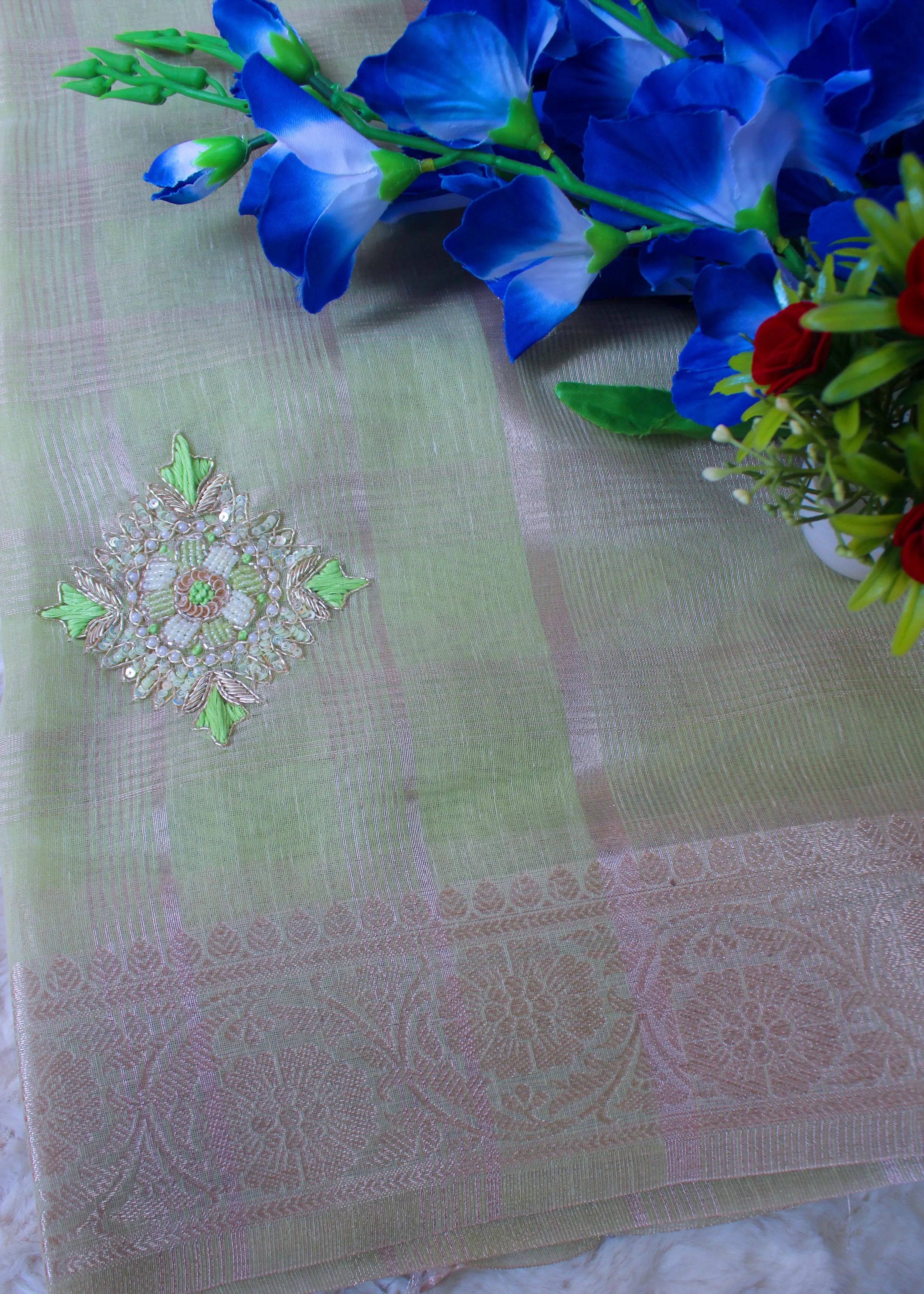 Pista Green Tissue Zari Saree