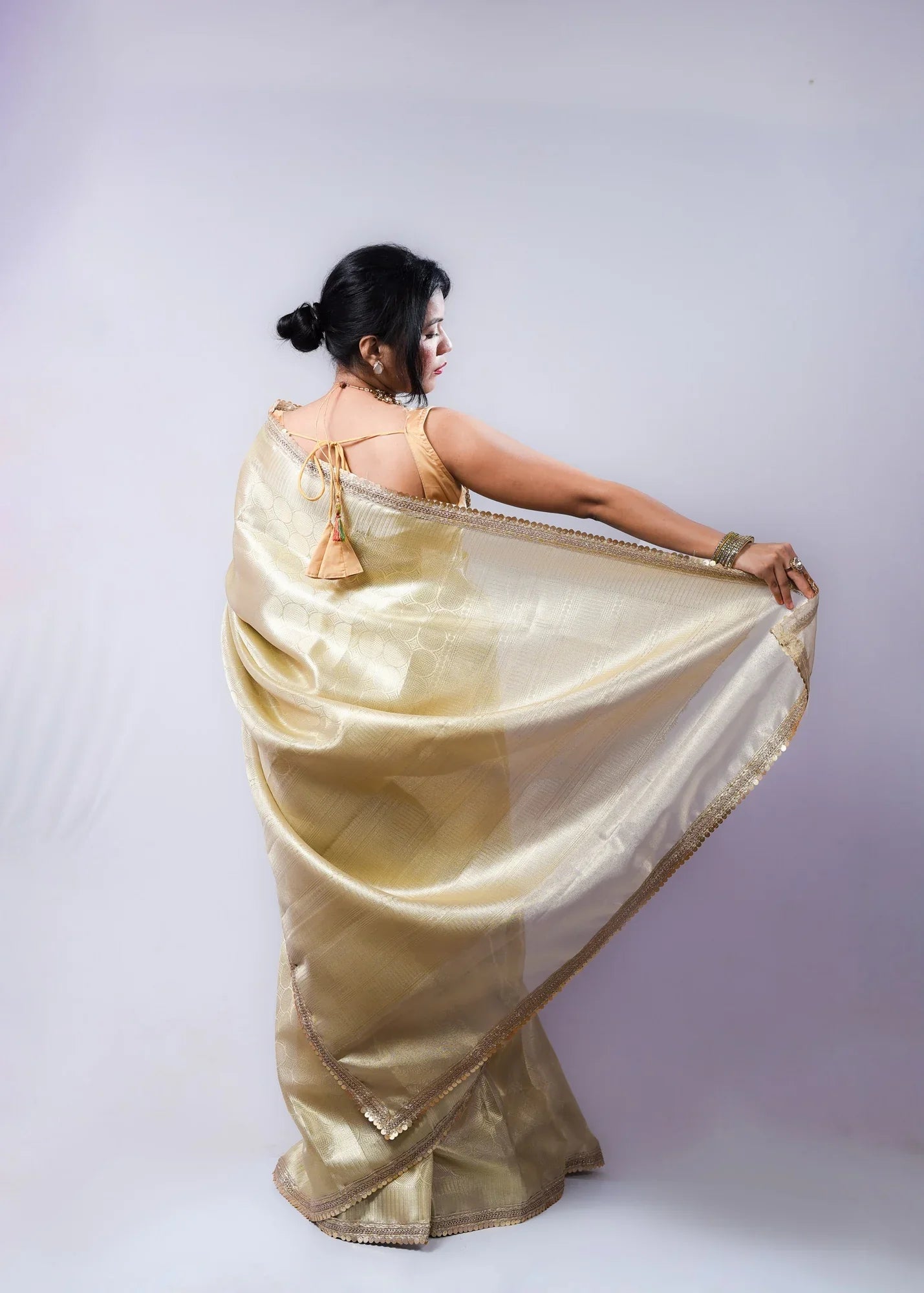 Banarasi Handwoven Gold Kanjivaram Tissue Saree with Zari Border & Subtle Lace