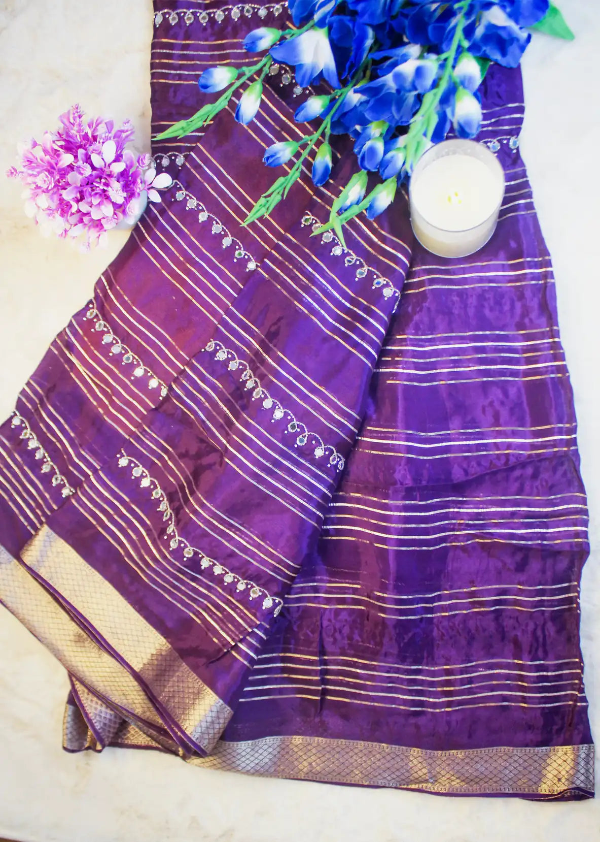 Deep Purple Satin Saree with Silver Stripes & Embellished