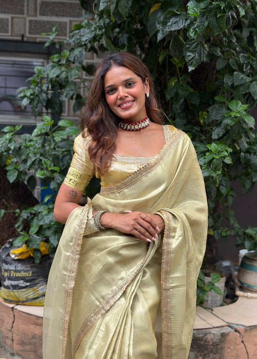 Banarasi Handwoven Gold Kanjivaram Tissue Saree with Zari Border & Subtle Lace