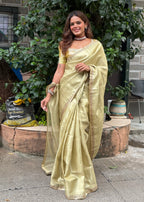 Banarasi Handwoven Gold Kanjivaram Tissue Saree with Zari Border & Subtle Lace