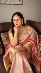 Banarasi Handwoven Tissue Saree in Rose Pink with Zari Border & Lace Detailing