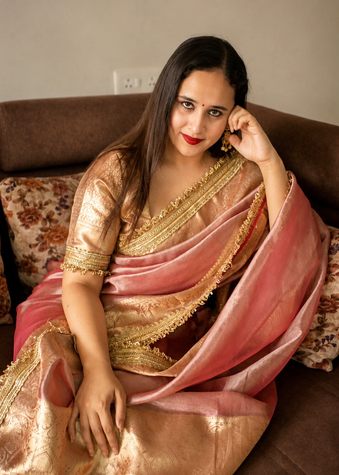 Banarasi Handwoven Tissue Saree in Rose Pink with Zari Border & Lace Detailing