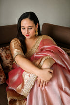 Banarasi Handwoven Tissue Saree in Rose Pink with Zari Border & Lace Detailing