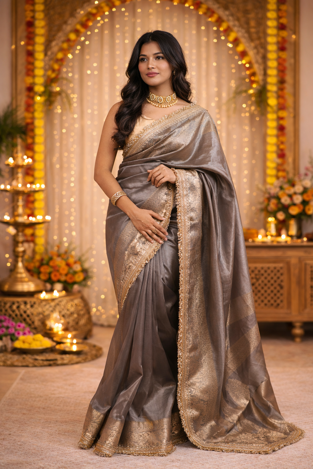 Banarasi Handwoven Tissue Saree in Grey with Zari & Lace details