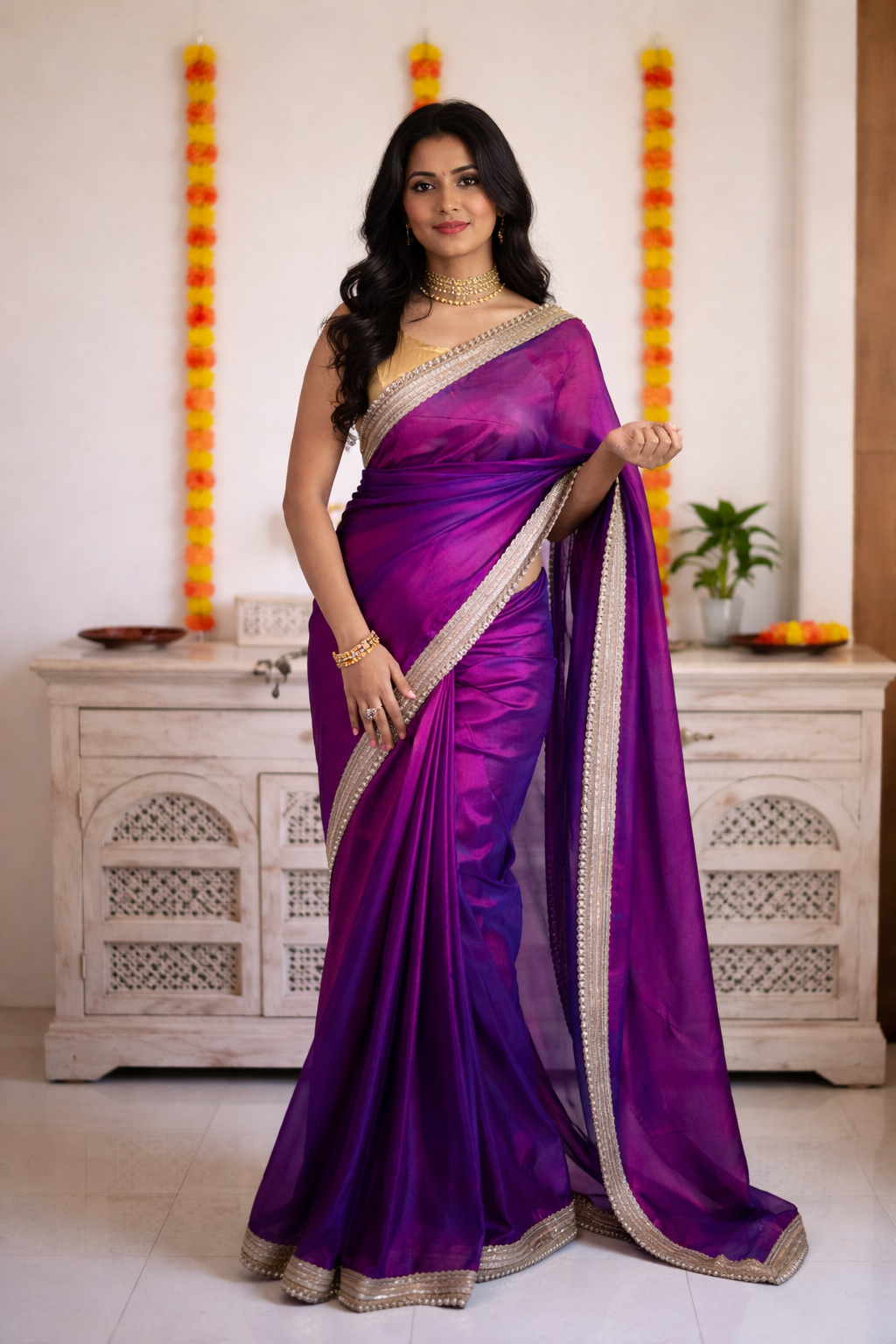 Banarasi Handwoven Tissue Saree in Purple with Zari & Lace