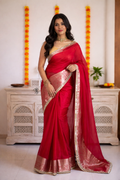 Banarasi Handwoven Tissue Saree in Rani Pink with Zari Border & Lace Detailing