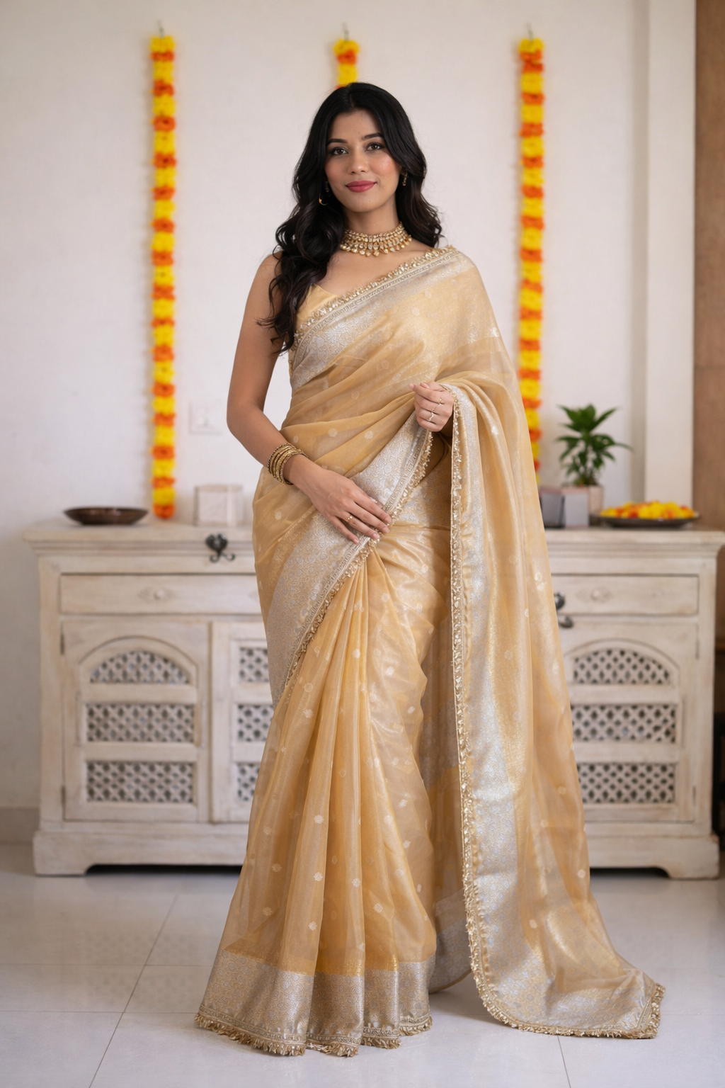 Banarasi Handwoven Tissue Saree with Zari Buti & Lace Border